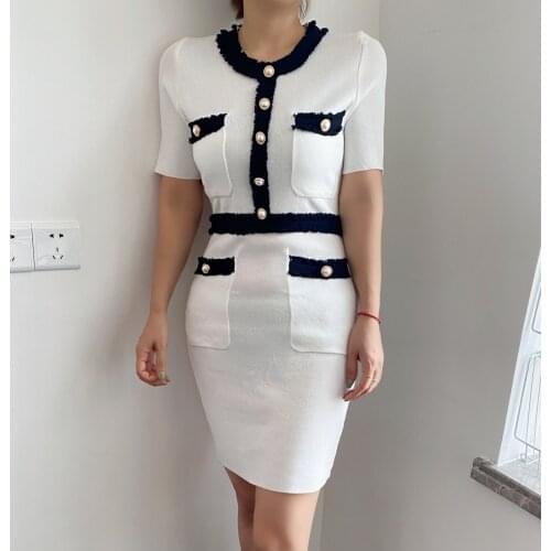 Tassel Patchwork Button Pocket Short Sleeve Knitted Bodycon Womens Dress Elegant Office Ladies Summer Korean Chic Party Outfits