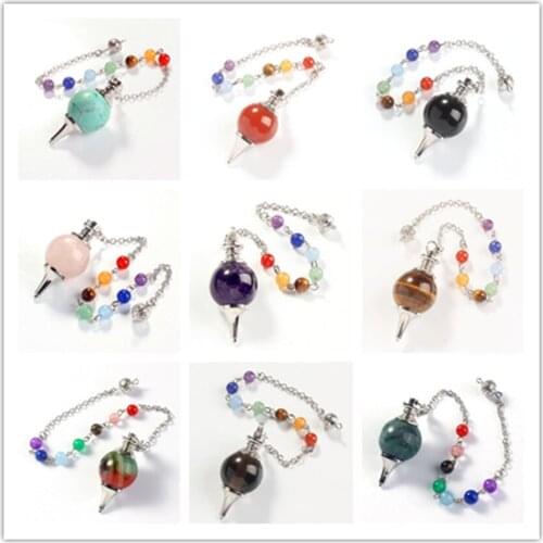 100-Unique 1 Pcs Silver Plated Many Color Quartz with Stone Beads Chain Dowsing Pendulum Pendant Chakra Jewelry