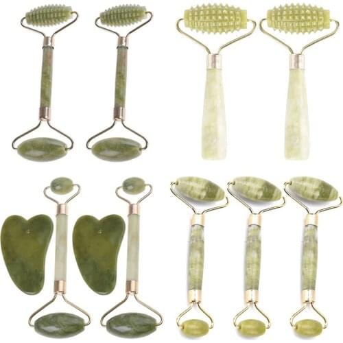 2 In 1 Massager With Stones For Face Neck Back And Jawline Green Roller And Gua Sha Tools Set By Natural Jade Scraper