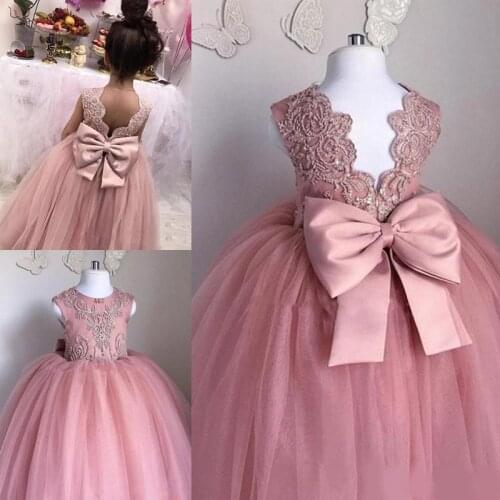 2020 Pink Flower Girls Dresses Sheer Jewel Neck Sleeveless Lace Appliques Tulle Girl Pageant Gowns Birthday Princess Dresses Wit