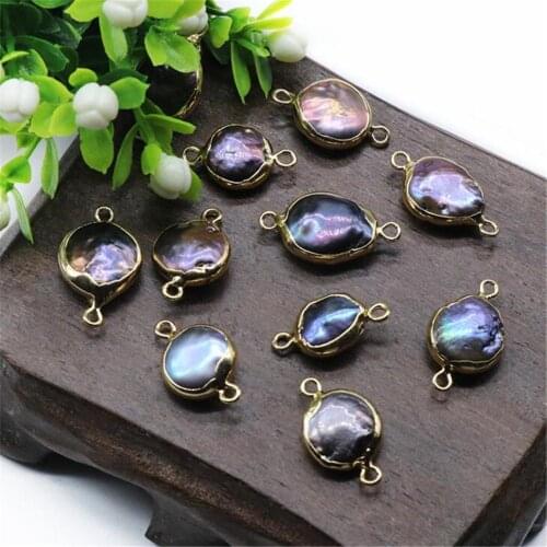 6pcs/Lot Freshwater Pearl Random Round Pendant Gold Plated Rim Color Double Hole DIY Bracelet Earrings Accessories Materials
