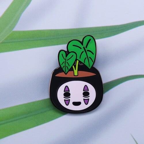 No Face flower pots enamel pin green leaves brooch plant pot badge