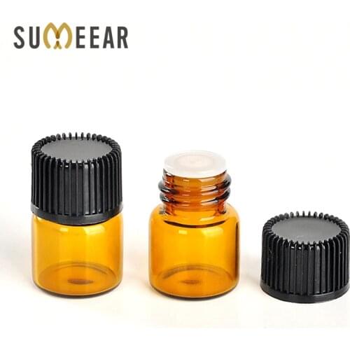 100Piece/Lot 1ML Amber Glass Essential Oil Bottle with Orifice Reducer and Cap Small Glass Bottle for liquid Sample Test Bottle