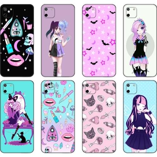 Black tpu Case For OPPO Realme C11 C20 C21 Case Back Cover Bumper Pastel Goth Girl Bats Rainbows Multi Colors