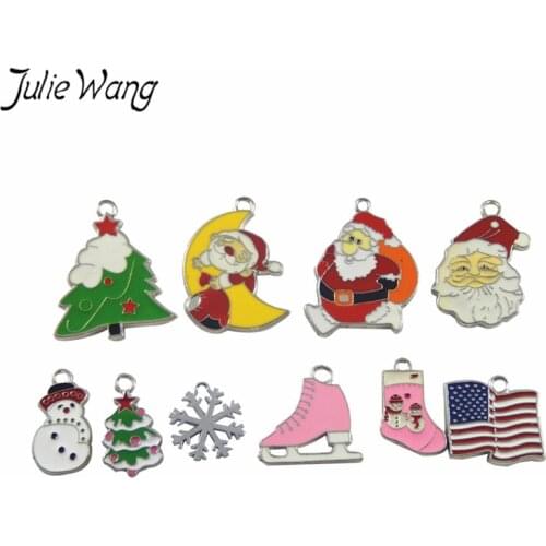 Julie Wang 10PCS Wholesale Christmas Element Enamel Alloy Pendant Charms Santa Claus Tree Snowflake Mix Sale Jewelry Accessories