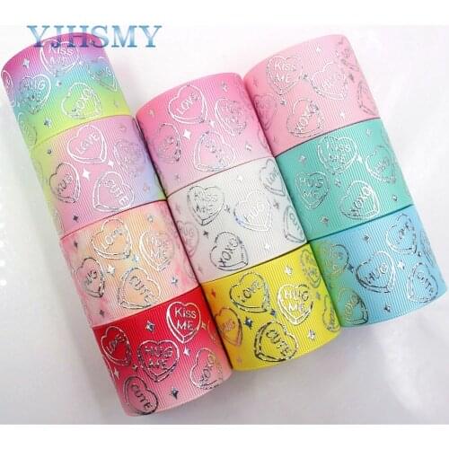 YJHSMY C-18407-555,38 mm 5 Yards laser Silver Love heart Printed grosgrain ribbon DIY headdress wedding gift wrap material