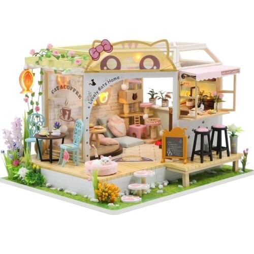 New Handmade Cartoon Wooden Doll House DIY Assemble Leisure Cat Cafe Garden Miniature Kits Toy Home Dollhouse With Furniture
