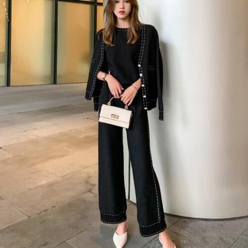 ZAWFL 2020 New Autumn Fashion Suit Women Vest + Knitted Cardigan Bright Line Coat + Wide Leg Elastic Pants Three Piece Set