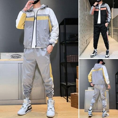 Autumn Men Patchwork Tracksuit Sets Casual Sportswear two-piece suit Spring Men Hip Hop Streetwear hooded Zipper Jacket+Pants