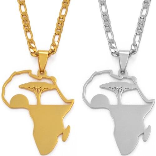 Anniyo African Tree & Sunrise Pendant Necklaces for Men Women Girls,My Home in Africa Jewelry Gold Color Birthday Ggift #112121