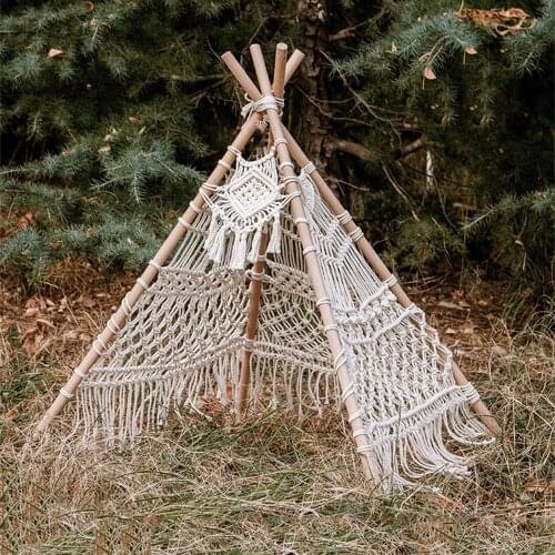 Nordic Style Hand-woven Macrame Tapestry with Wooden Stick Holder Kids Cotton Rope Net Tent Photography Bohemia Decoration