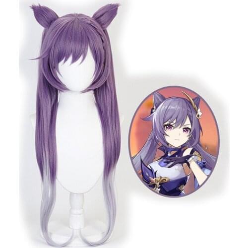2021 Game Cosplay Genshin Impact Keqing Wigs Gradient Long Hair + Ears Keqing Costume Headgear Free Wig Cap Accessories