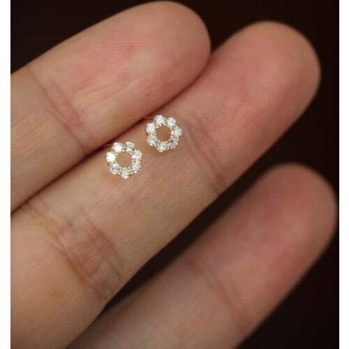 9K solid gold flower unique crystal stud earring Mini dainty women minimal simple style gift bridesmaid