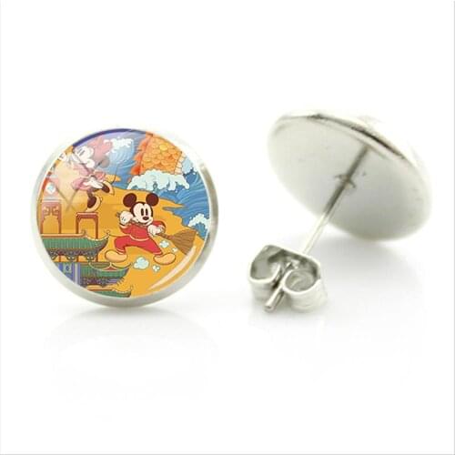 Disney Red Cute Mickey Mouse Pendant Earrings Round Glass Cabochon Cute Jewelry Handicraft Fashion Art Earrings