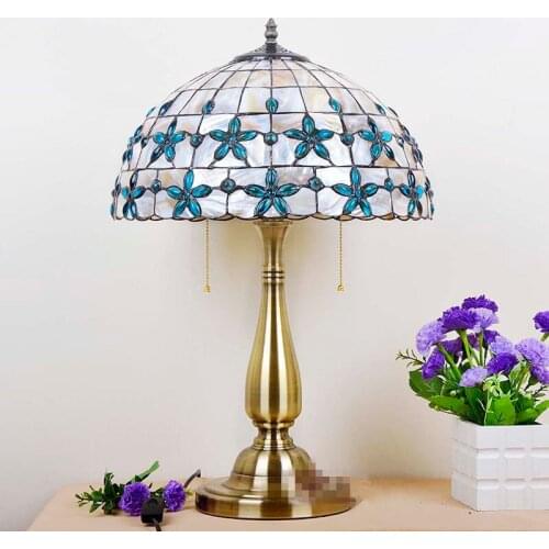 SGROW European Blue Beads Table Lights Shell Desk Lamp Mediterranean Deco Light for Bedroom Study Room Lampara Lighting Fixtures