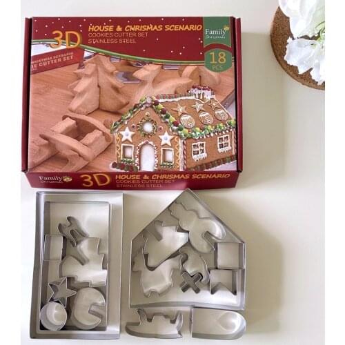 Stainless steel gingerbread house 3D biscuit mold three-dimensional cookie cutter mold Christmas biscuit cut 18-piece set
