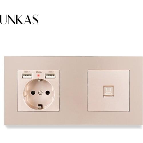UNKAS 3 Colors Plastic Panel EU Standard Electric Socket with 2 USB + 1 Gang RJ45 Internet Jack CAT5E Connector 172*86mm Outlet