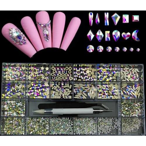 High Quality Crystal AB Nail Rhinestones Set 2700pcs Mix Size Glass Flatback Strass Diamond Rhinestones for Clothes Decoration
