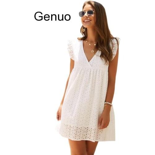 Casual Lace White Dress Boho V-neck Sleeveless Knee Loose Cotton Hook Flower Hollow Women Summer Dress Yellow Blue