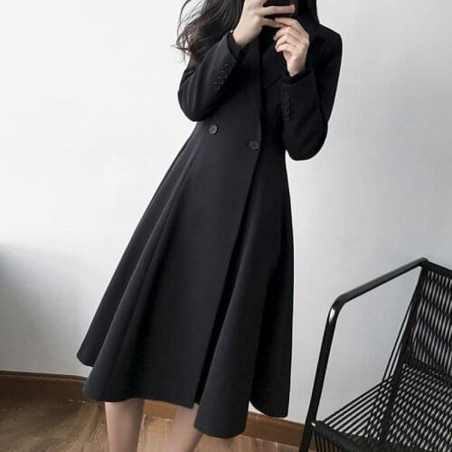 2021 Spring Fall Women Coat Plus Size New Korean Soild Fairy Coat Slim OL Commuting Mid Long Skirt Style Belly Wrapped Overcoat