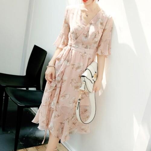 Large size floral chiffon dress womens 2019 spring summer new chiffon waist bandage waist slimming simple dress female l17