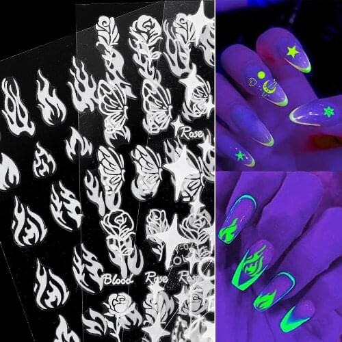 1Pcs 3D Nail Polish Sticker Luminous Effect Decals Glowing in Dark Slider Flame Butterfly Rose Star Nail Art Glitter Decor