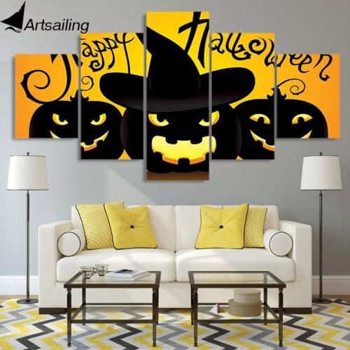 5 piece canvas painting Pumpkin lantern HD posters and prints halloween decoration for living room free shipping XA2234B