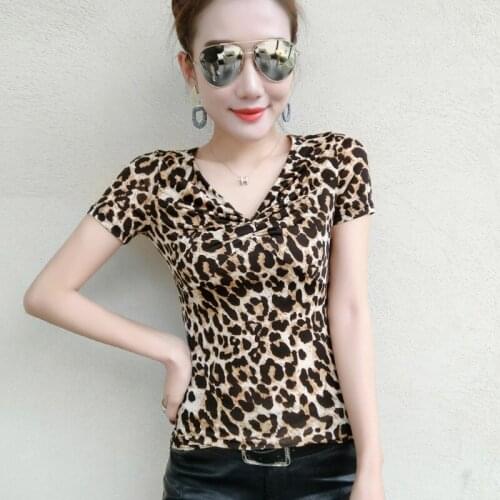 #5945 Black White Leopard T Shirt Women V Neck Short Wrap T Shirt Spliced Lace Hollow Out Sexy Basic Woman T Shirt V Neck Summer