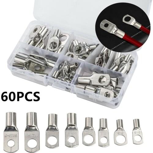 60Pcs SC Bare Ring Terminals Tinned Copper Electrical Wire Cable Terminal Solder Crimp Battery Wire Connectors Assorted Kit