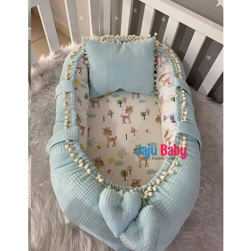 Jaju Baby Special Hand Made Baby Nest Blue Waffle Pique Fabric Deer Design Pompom Babynest