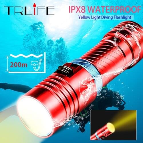 IPX8 Scuba Yellow Light Diving Flashlight LED 100 Meter Waterproof Underwater Professional Divi Deep Sea Camping Lanterna Torch