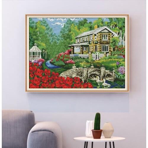 HUACAN Cross Stitch Embroidery House Scenery Needlework Sets For Full Kits White Canvas Flower DIY Home Decor 14CT