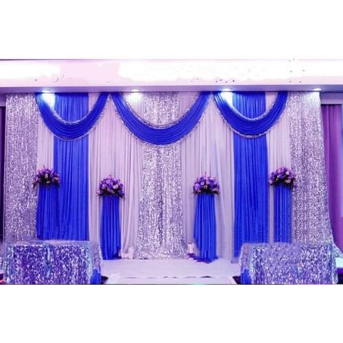Customized 3x6 meters ice silk 60D wedding stage backdrop decoration wedding curtain with swags sequins background drapery