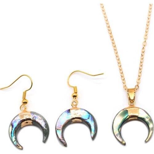 Splendid Abalone Shell Moon Shape Pendant Necklace Earrings Set Shell Gold PartyGift Jewelry Set GS022