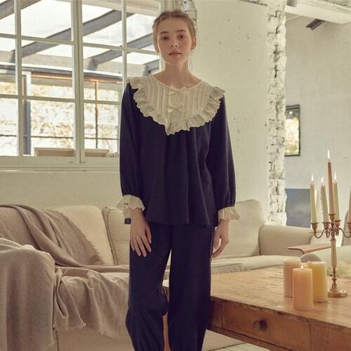 Fdfklak Korean 100% Pure Cotton Pyjamas PJs Autumn Pajamas Lounge Sleepwear Blue/Apricot Pijama Mujer 2PCS Home Clothes