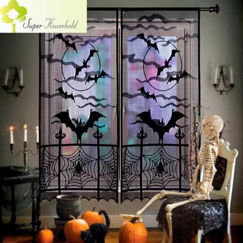 Bat Pattern Lace Door Curtains for Kitchen Halloween Black Sheer Curtain for Living Room Tulle Window Treatments Home Decorative