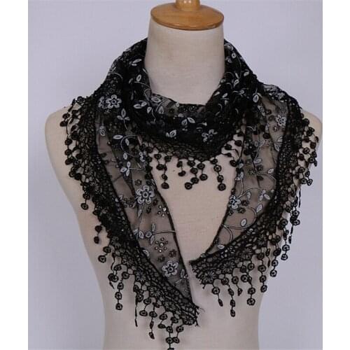 Sweet Pretty Elegant Hollow Tassel Lace Rose Floral Knit Triangle Mantilla Scarf Women Ladies Shawl Wrap Scarves 0501