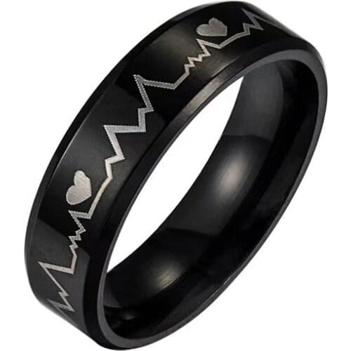 NANDESI 2021 Black Stainless Steel Electrocardiogram Heartbeat Rings For Men Rock Ring Jewelry