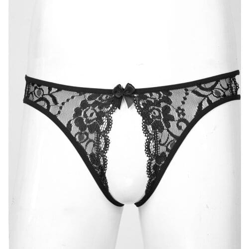 Mens Lingerie Panties Floral Lace Crotchless Sissy Open Butt Gay Briefs Hollow Out Low Waist Thong Male Underwear Underpants