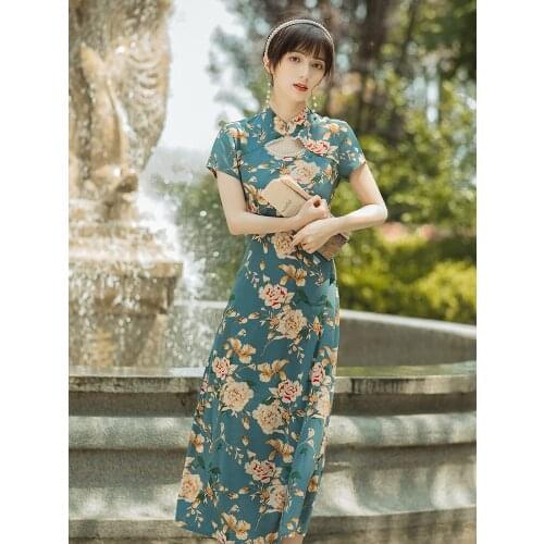 Young Elegant Cheongsam Short Sleeve Dress Women Summer French Retro Slim Sexy Ladies Beaded Hollow Chiffon Printed Midi Dress