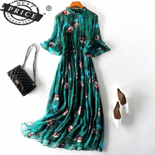 Dress Vintage Summer Women Clothes 2021 Boho 100% Real Silk Long Vestidos Ladies Floral Green Maxi Dress+top Mujer 2a006
