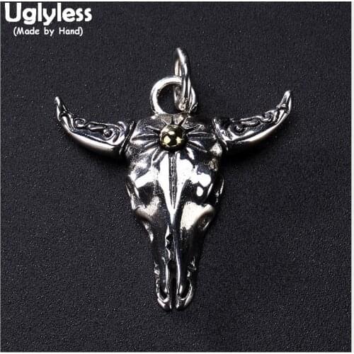 Uglyless 100% Real 925 Sterling Thai Silver Bull Head Pendants Necklaces NO Chain Handmade Tibetan Tau Pendant Fine Jewelry Sun