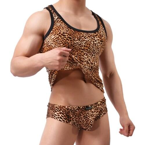 Leopard Tank Tops + Mini Boxer Shorts Mens Undershirts 2 Piece Sets Sports Workout Bikers Running Underwear Shirts Panties Suits