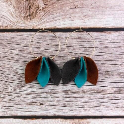 Trendy Three Leaf Stacked Leather Hoop Earrings Multicolor Suede Genuine Leather for Women Leather Leaves Earrings Jewelry