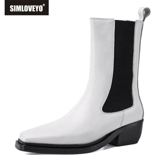 SIMLOVEYO Women Luxury Mid Calf Boots Slip On Pointed Toe Square Heel Platform Ladies Real Leather Shoes Woman Footwear Non Slip