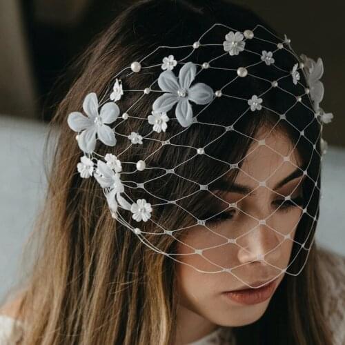 Wedding Veil White Colour Birdcage Veil Handmade Floral Veil Small Pearls Beaded Veil Veil Фата и свадебные вуали Véus de noiva