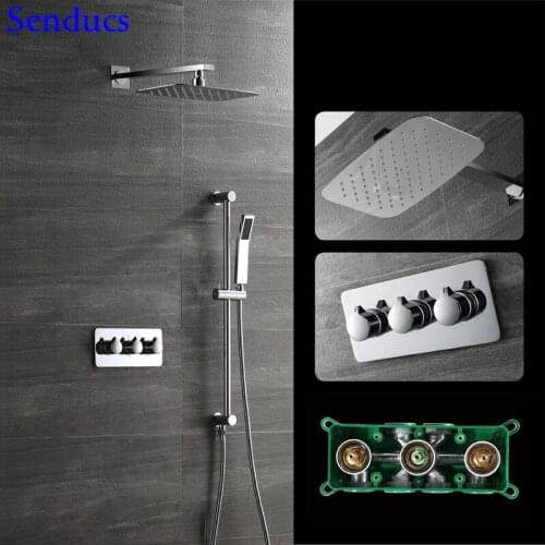 Senducs Thermostatic Shower Set Into Wall Bathroom Brass Shower System with High Quality Bathroom Concealed Shower Set