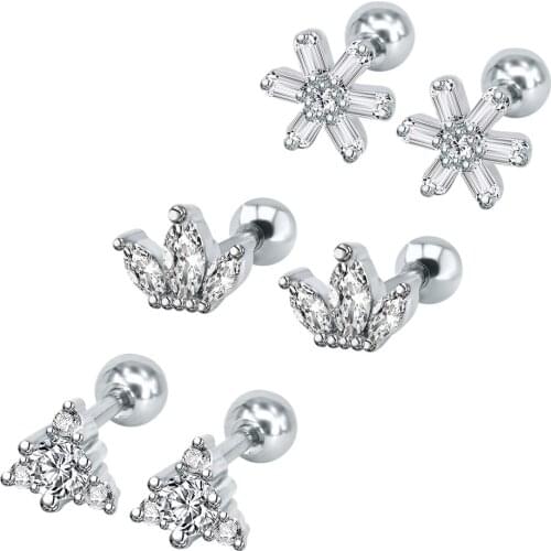 Trendy 16g Triangle White Crystal Ear Studs for Women Stainless Steel Flower Ear Tragus Piercing Barbell Cute Stud Earrings