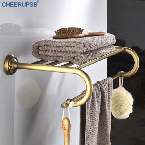 Bathroom Vintage Towel Holder Wall Mount Brass Bath Towel Rack Brushed Gold Dual Layer Towel Hanger Towels Stand Support Shelf