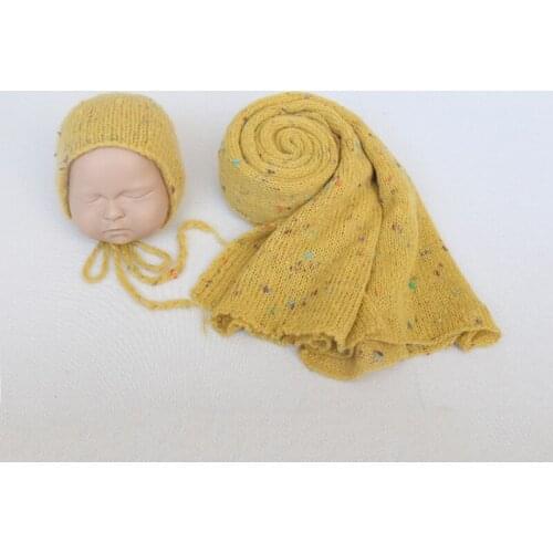 Knit Mohair Wrap and Bonnet Set Newborn Photography Props Handmade Dots Wrap Baby Basket Stuffer Photo Shoot